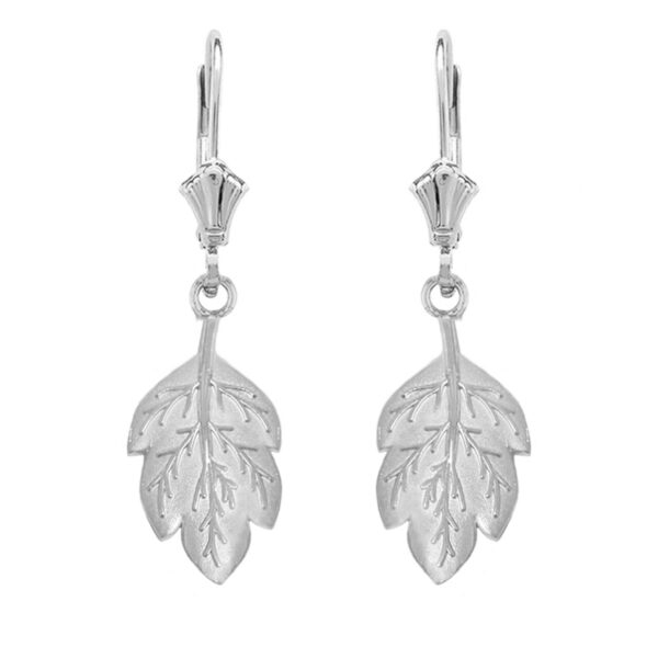 14K Solid White Gold Matte Detailed Textured Leaf Drop Earring Set