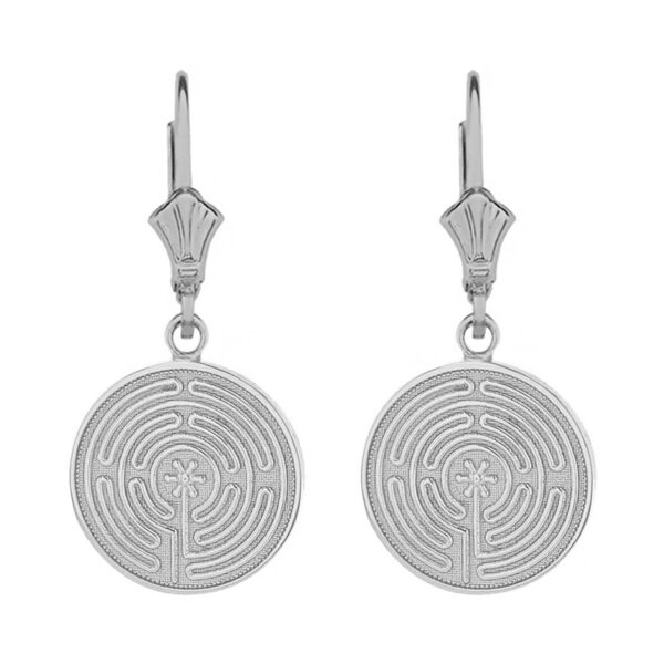 14K Solid White Gold Chartres Labyrinth Dainty Disc Earring Set