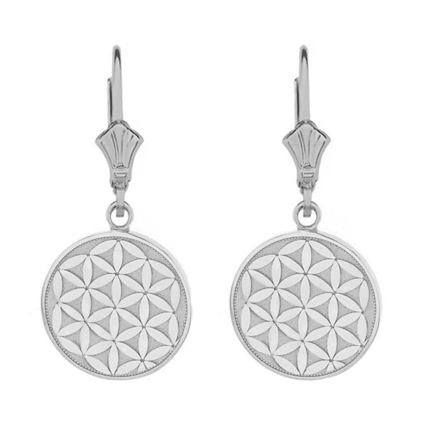 14K Solid White Gold Flower Of Life Dainty Disc Earring Set