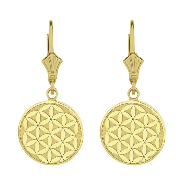 Solid Yellow Gold Flower Of Life Dainty Disc Earring Set