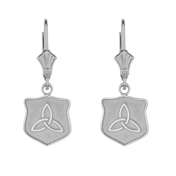 14K Solid White Gold Trinity Shield Triquetra Celtic Knot Earring Set