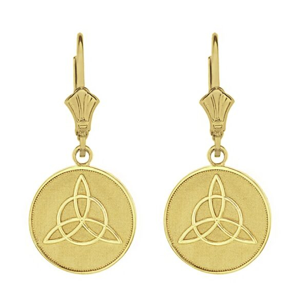 Solid Yellow Gold Triquetra Irish Celtic Disc Circle Earring Set