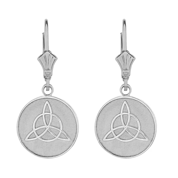 14K Solid White Gold Triquetra Irish Celtic Disc Circle Earring Set