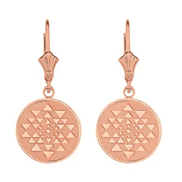 14K Solid Rose Gold Yantra Tantric Indian Yoga Disc Circle Earring Set