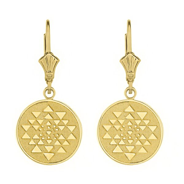 Solid Yellow Gold Yantra Tantric Indian Yoga Disc Circle Earring Set