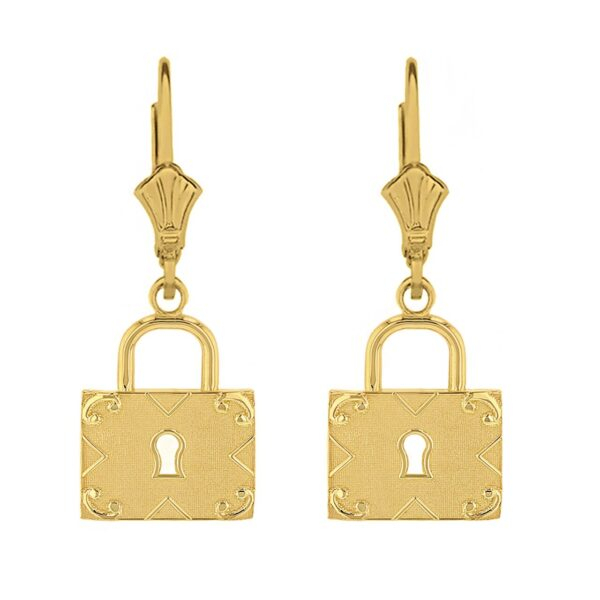 Solid Yellow Gold Swirl Rectangle Keyhole Padlock Earring Set