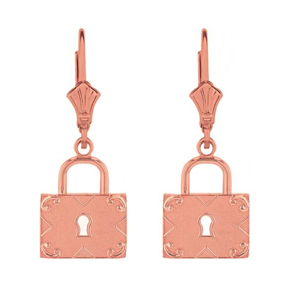 14K Solid Rose Gold Swirl Rectangle Keyhole Padlock Earring Set