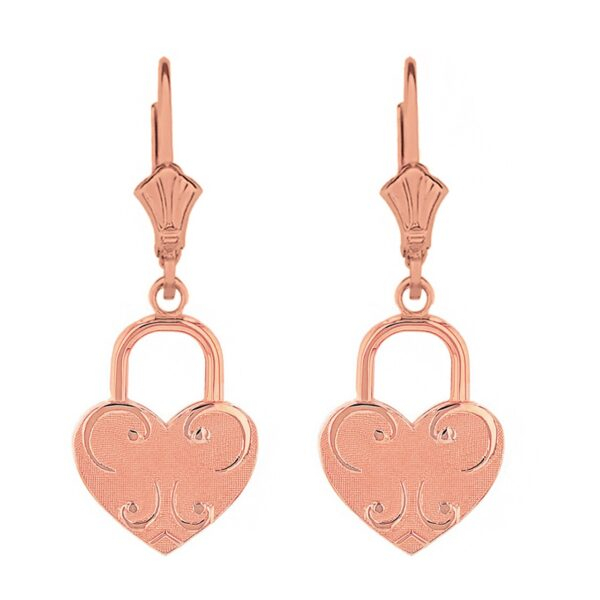 14K Solid Rose Gold Swirl Heart Padlock Earring Set