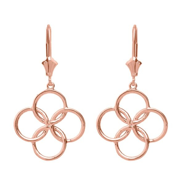 14K Solid Rose Gold Lucky Quatrefoil Four Circle Petals Drop Earring Set