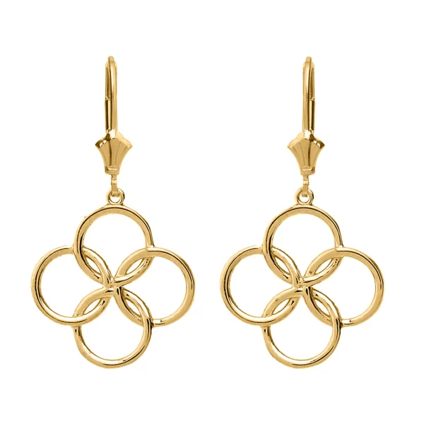 Solid Yellow Gold Lucky Quatrefoil Four Circle Petals Drop Earring Set