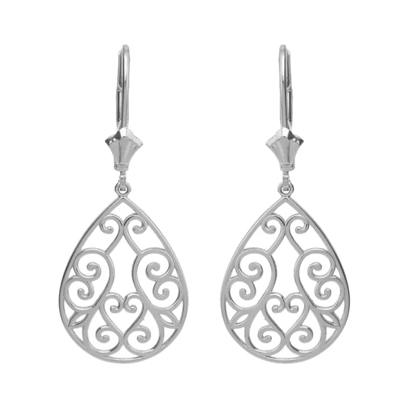 14K Solid White Gold Filigree Swirl Heart Teardrop Drop Earring Set