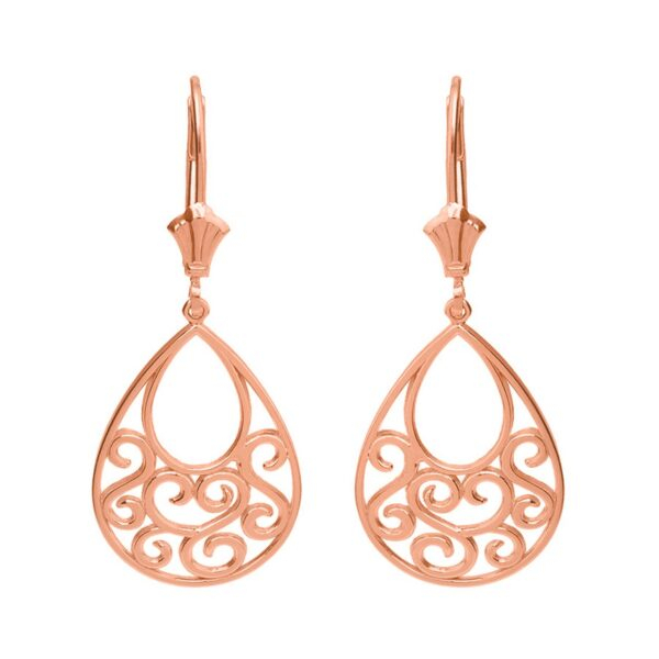 14K Solid Rose Gold Filigree Teardrop Tree Of Life Heart Drop Earring Set