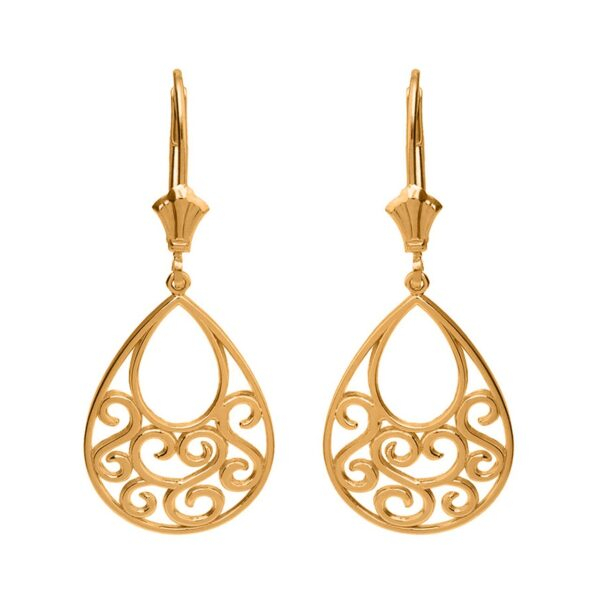 Solid Yellow Gold Filigree Teardrop Tree Of Life Heart Drop Earring Set