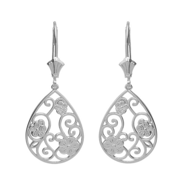 14K Solid White Gold Filigree Teardrop Floral Drop Earring Set