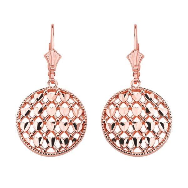 14K Solid Rose Gold Double Layered Woven Hearts Filigree Circular Drop Earring Set