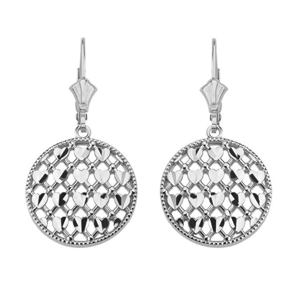 14K Solid White Gold Double Layered Woven Hearts Filigree Circular Drop Earring Set