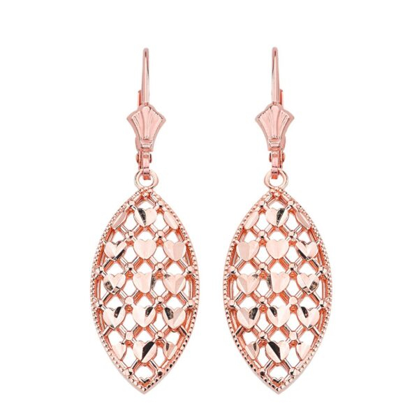 14K Solid Rose Gold Double Layered Woven Hearts Filigree Marquise Shape Drop Earring Set