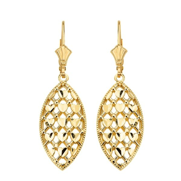 Solid Yellow Gold Double Layered Woven Hearts Filigree Marquise Shape Drop Earring Set