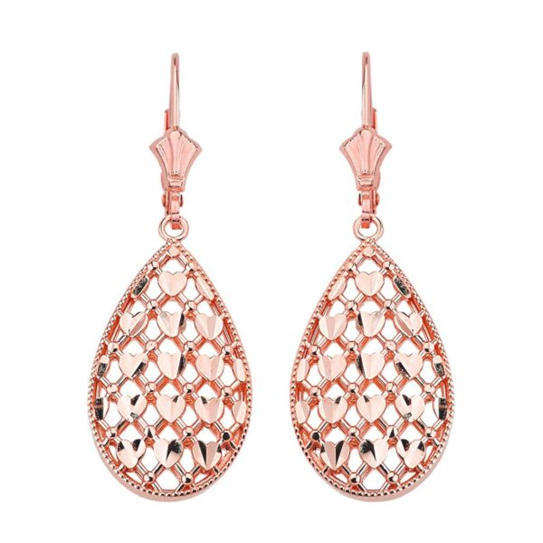 14K Solid Rose Gold Double Layered Woven Hearts Filigree Teardrop Shape Drop Earring Set