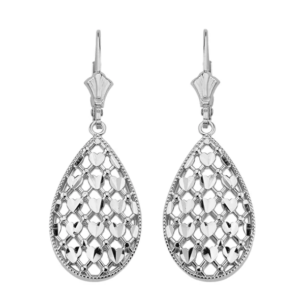 Sterling Silver Double Layered Woven Hearts Filigree Teardrop Shape Drop Earring Set