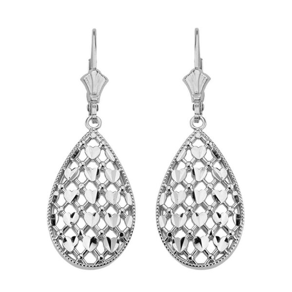 14K Solid White Gold Double Layered Woven Hearts Filigree Teardrop Shape Drop Earring Set