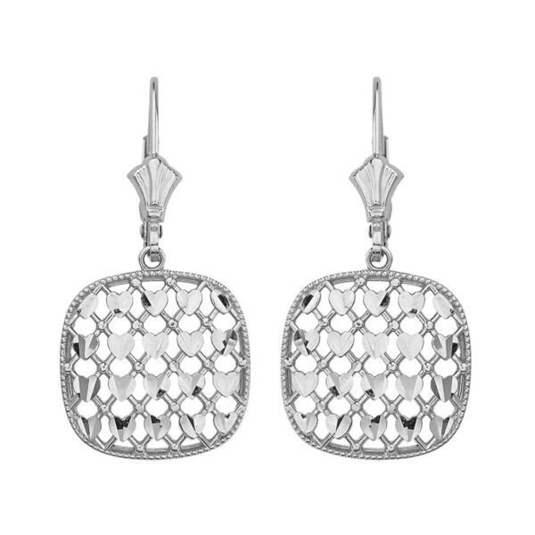 14K Solid White Gold Double Layered Woven Hearts Filigree Squared Shape Drop Earring Set