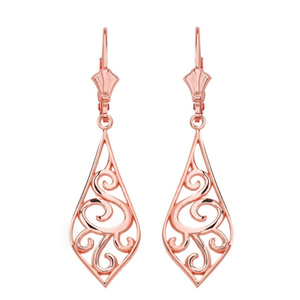 14K Solid Rose Gold Teardrop Filigree Tribal Drop Earring Set 1.67" (42 Mm)