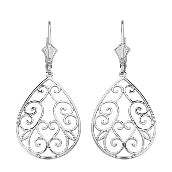 Sterling Silver Filigree Swirl Heart Teardrop Drop Earring Set 1.71" (43 Mm)