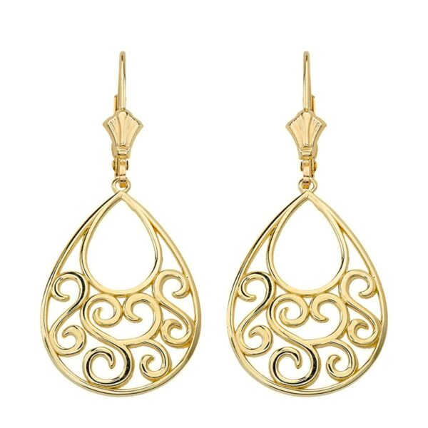 Solid Yellow Gold Filigree Teardrop Tree Of Life Heart Drop Earring Set 1.71" (43 Mm)