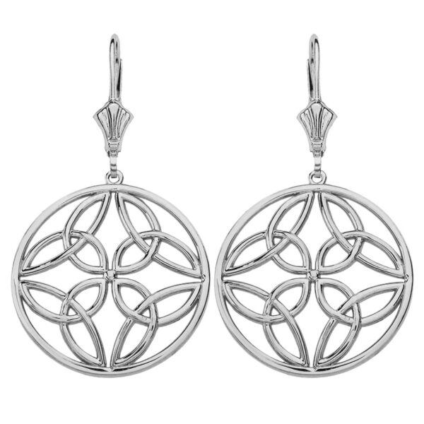 14K Solid White Gold Triquetra Trinity Celtic Knot Circle Drop Earring Set (Large)