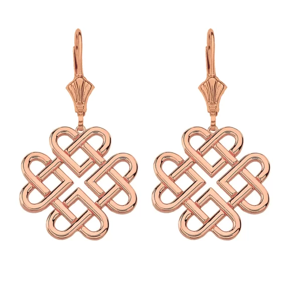 14K Solid Rose Gold Woven Celtic Hearts Drop Earring Set (Large)