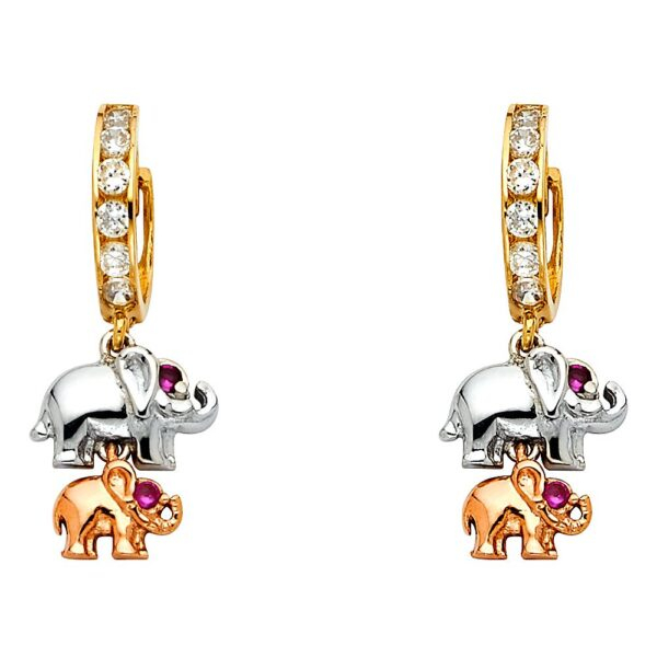 14K 3C CZ Hanging Huggies Earrings