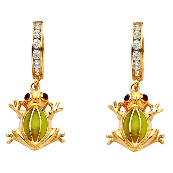 14KY Frog CZ Hanging Huggies Earrings