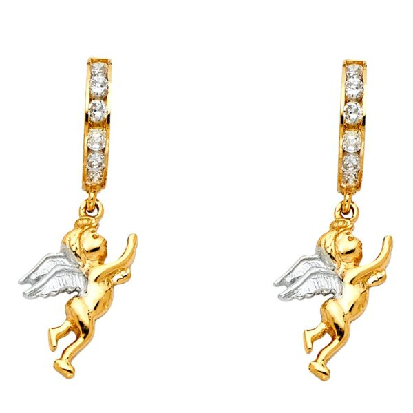 14K 2T CZ Hanging Huggies Earrings