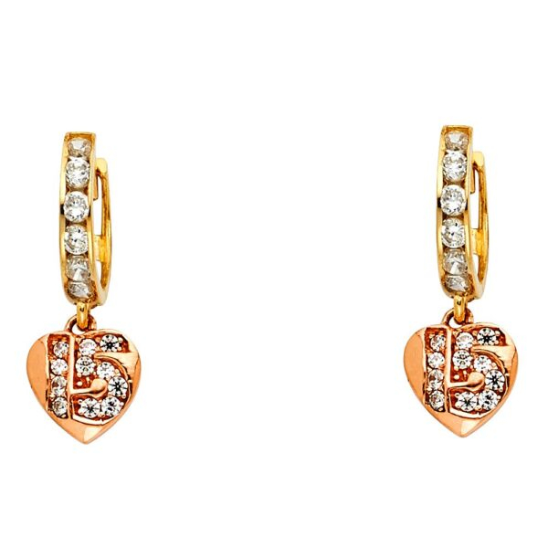 14K 3C CZ Hanging Huggies Earrings