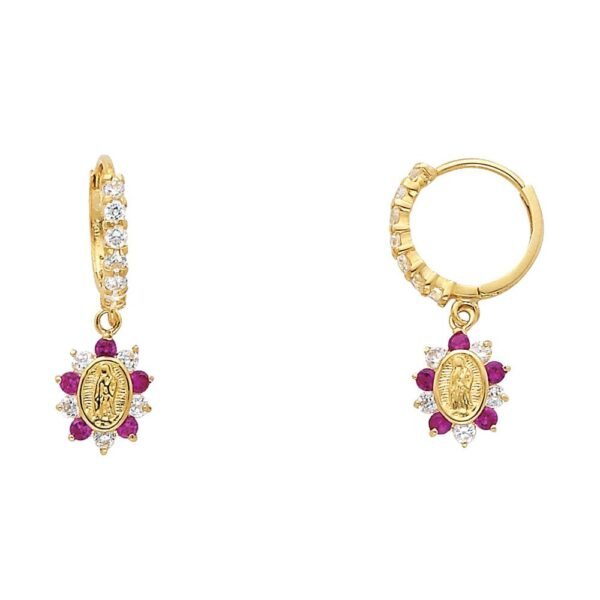 14KY Hanging Our Lady of Guadlupe CZ Huggies Earrings