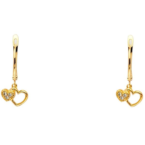 14KY CZ 2 Heart Hanging Earrings