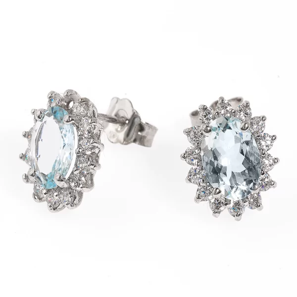 14K White Gold Diamond And Light Blue Aquamarine Stud Earrings