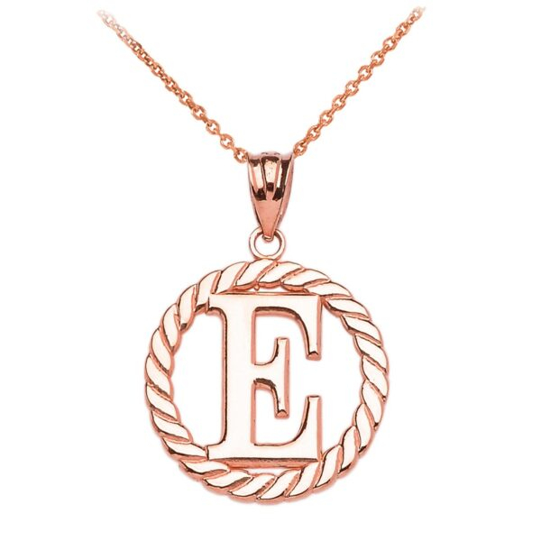 Rose Gold "E" Initial In Rope Circle Pendant Necklace