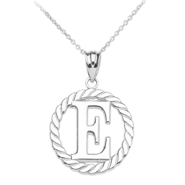 White Gold "E" Initial In Rope Circle Pendant Necklace