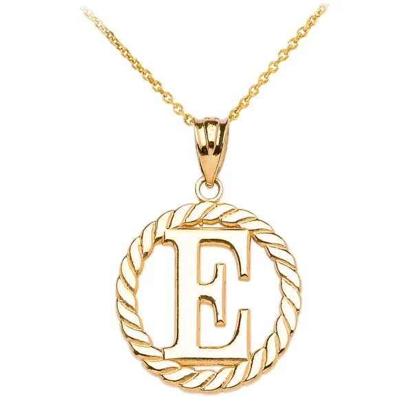 Yellow Gold "E" Initial In Rope Circle Pendant Necklace