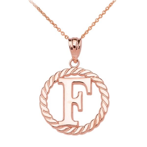 Rose Gold "F" Initial In Rope Circle Pendant Necklace