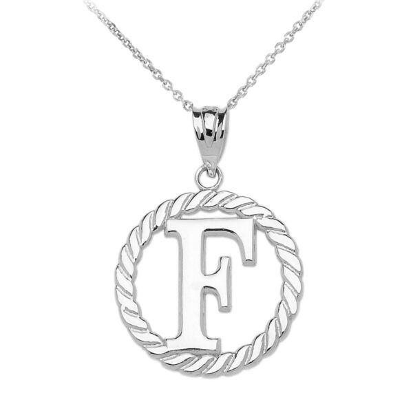 White Gold "F" Initial In Rope Circle Pendant Necklace