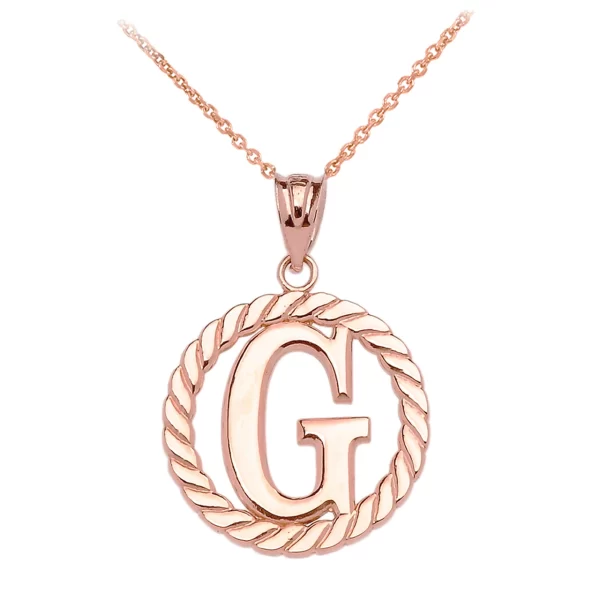 Rose Gold "G" Initial In Rope Circle Pendant Necklace