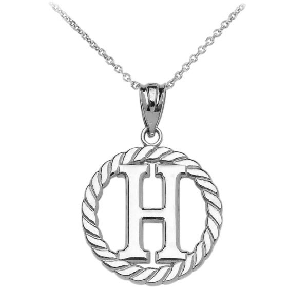 White Gold "H" Initial In Rope Circle Pendant Necklace