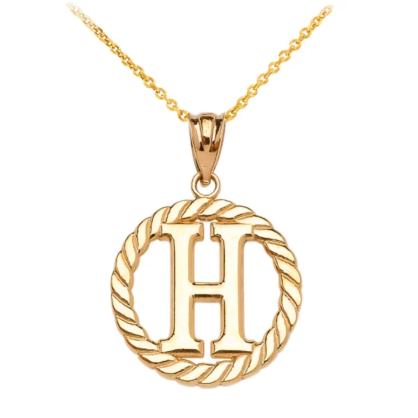 Yellow Gold "H" Initial In Rope Circle Pendant Necklace