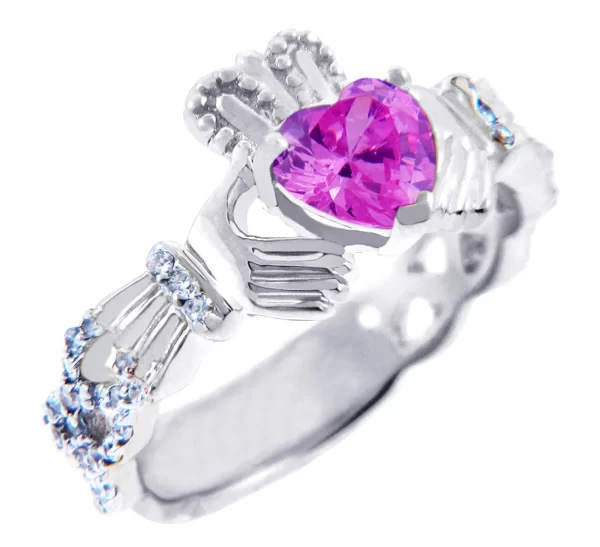 18k White Gold Diamond Claddagh Ring With 0.4 Ct. Pink Tourmaline