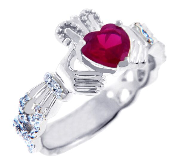 18k White Gold Diamond Claddagh Ring With 0.4 Ct Diamond Band And 1.1 Ct Ruby