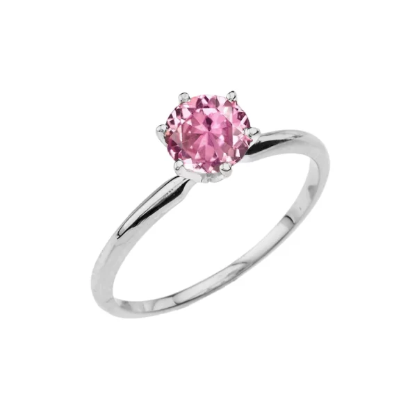 White Gold Pink Cz Dainty Solitaire Engagement Ring