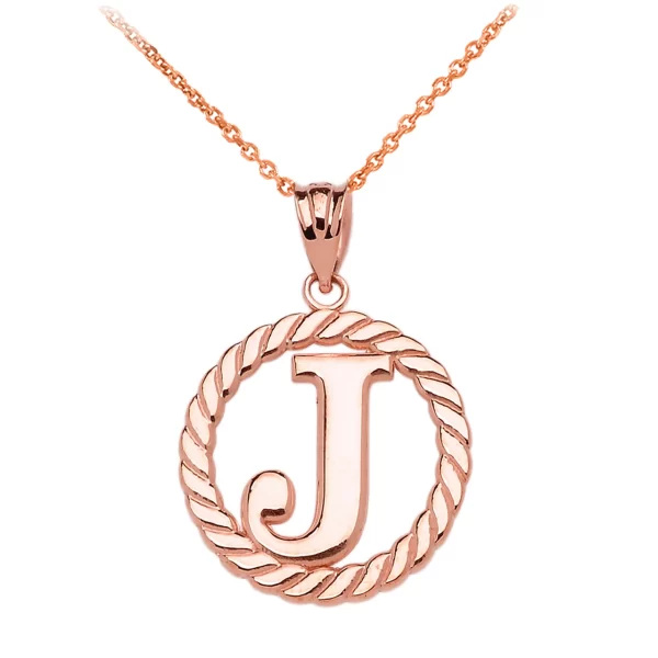 Rose Gold "J" Initial In Rope Circle Pendant Necklace